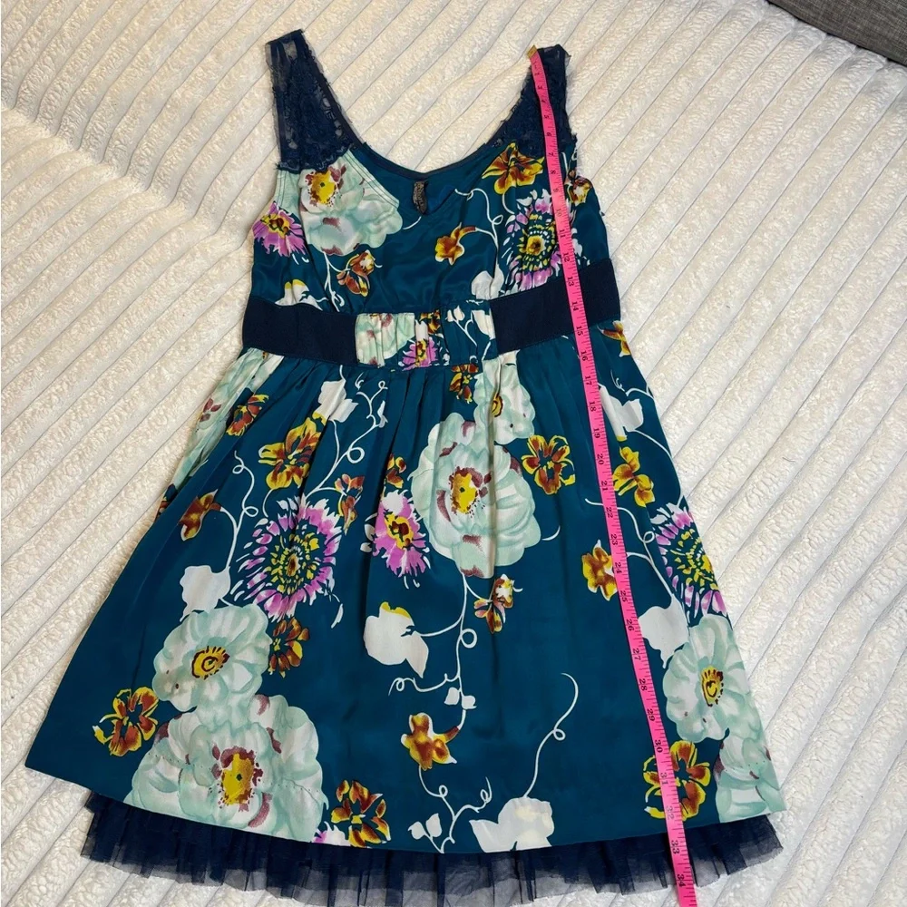 Free People Teal Floral Mini Dress with Navy Lace Trim